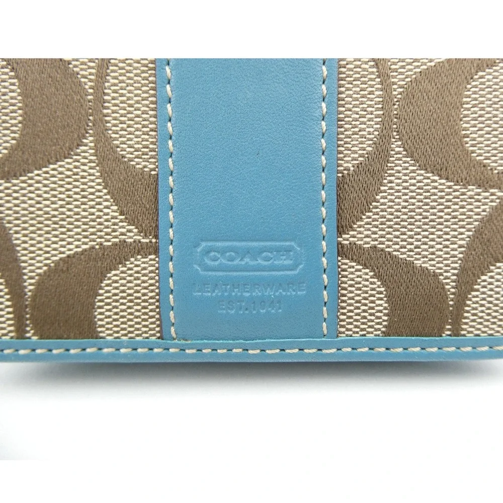 Coach Signature Khaki Teal Leatherware Bifold Card Case Wallet